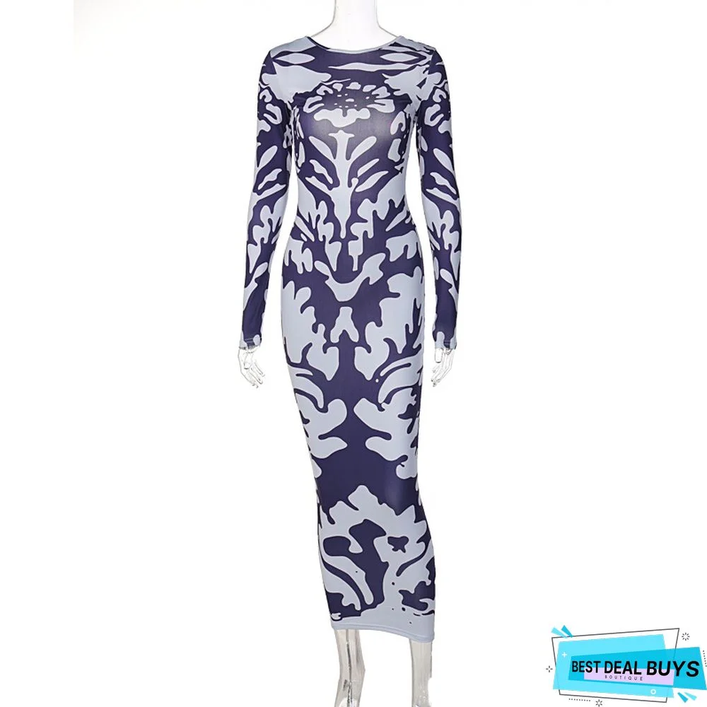 Fashion Printed Slim Back Long Sleeved Dress For Women