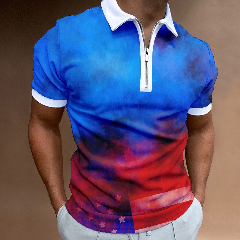 Men's Independence Day printed short sleeved zippered polo shirt PLUSCLOTHESMAN