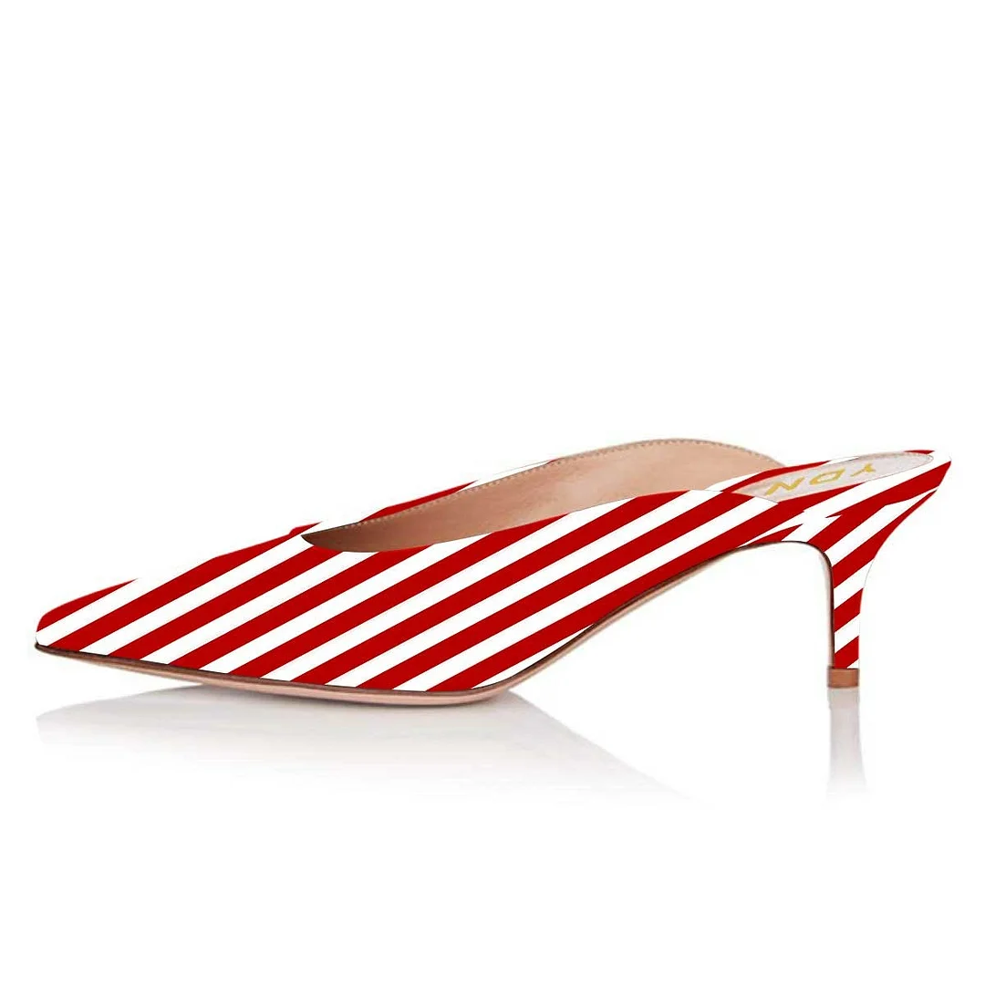 Red & White Stripes Pointed Toe Kitten Heel Slip-On Mules Shoes