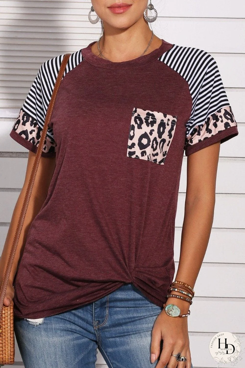 Patchwork Leopard Striped Wine Red T-shirt