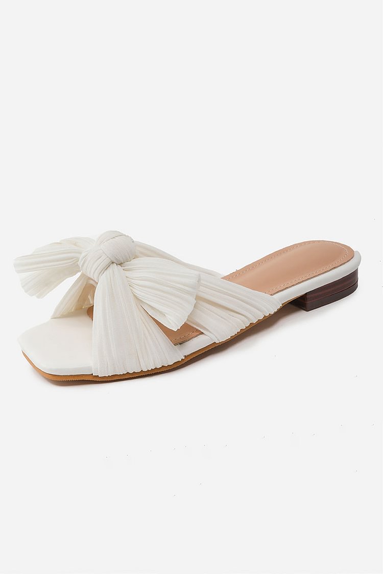 Pleated Mesh Bow Open Toe Flat Slippers