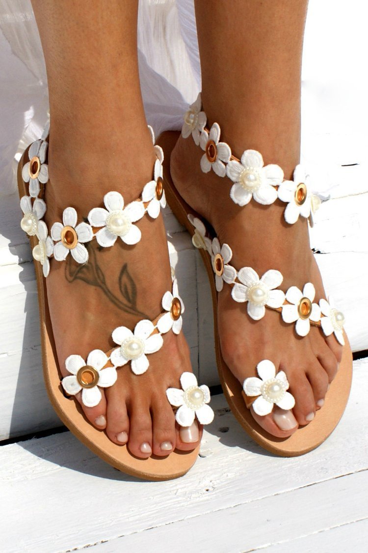 Boho Flower Embellished Flat Sandals-elleschic