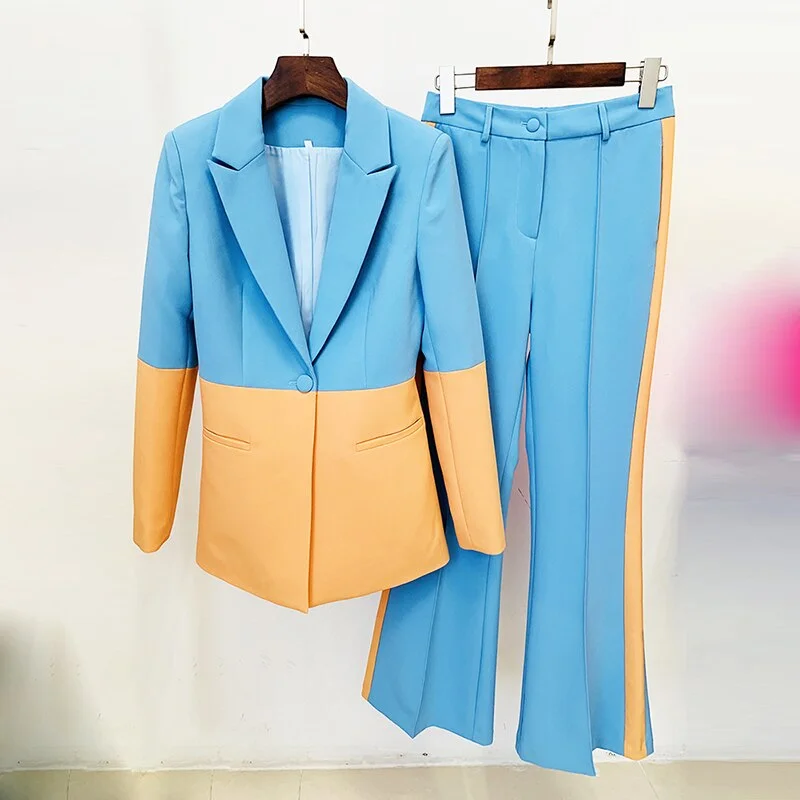 Colourp STREET Newest 2022 Designer Runway Suit Set Women's Single Button Color Block Blazer Flare Pants Suit