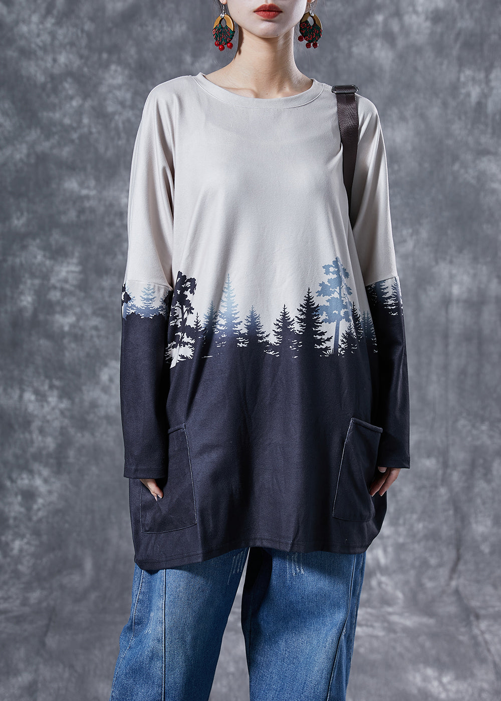 VCSHOES Colorblock Oversized Print Pockets Cotton Tops Spring