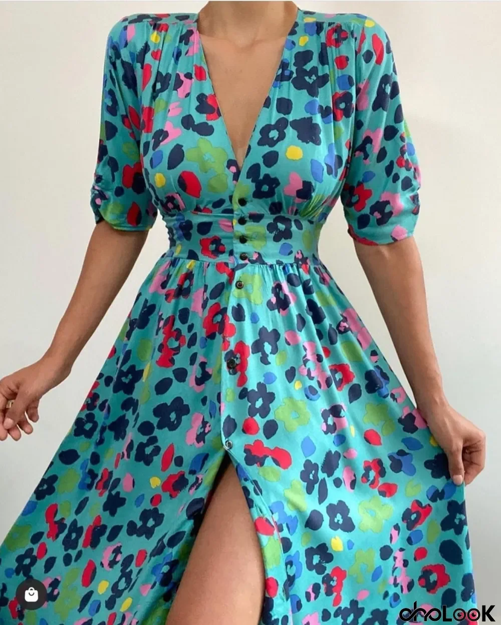 Summer Flower Blue V-neck Short Sleeve Maxi Dress