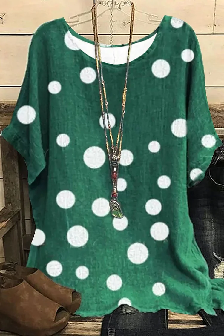 Flycurvy Plus Size Casual Green Linen Polka Dot Print Blouse  Flycurvy [product_label]