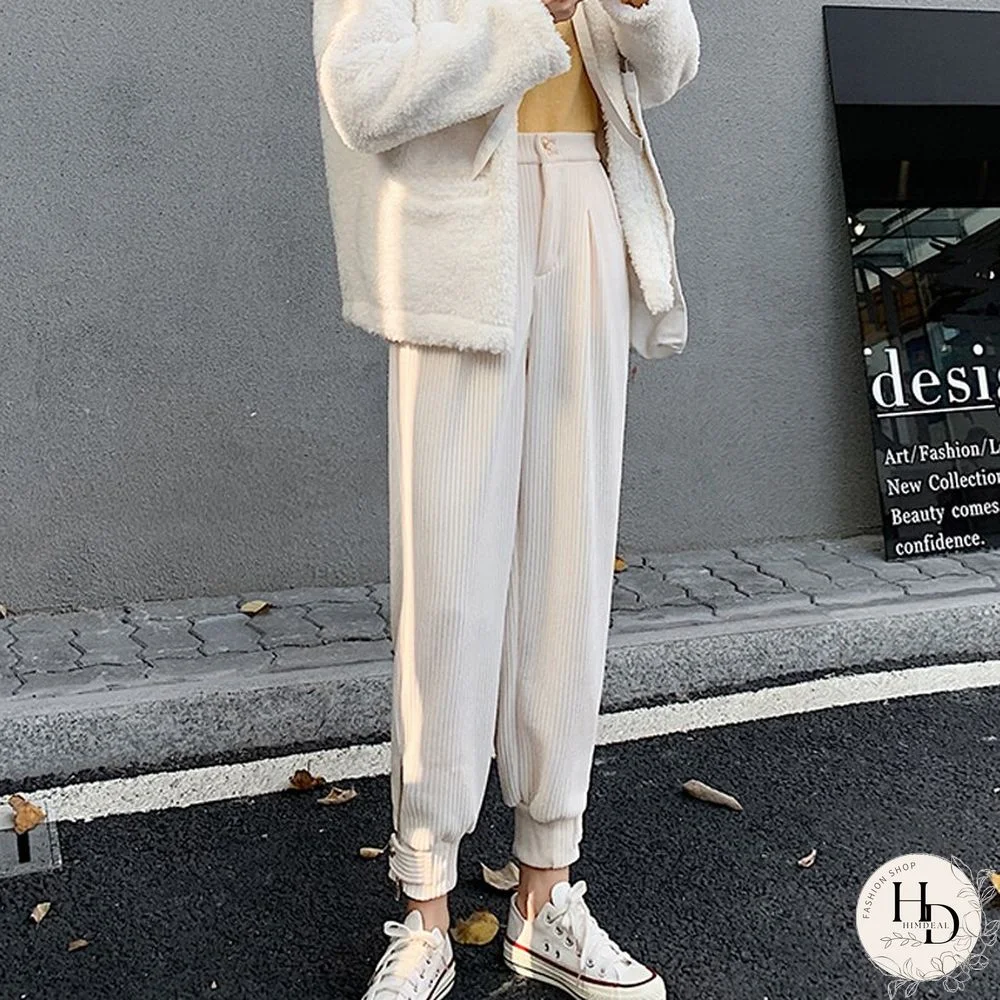 Winter Corduroy Pants Women Korean Fashion Zipper Elastic High Waist Pencil Pant Causal Loose Baggy Trousers Streetwear Mujer