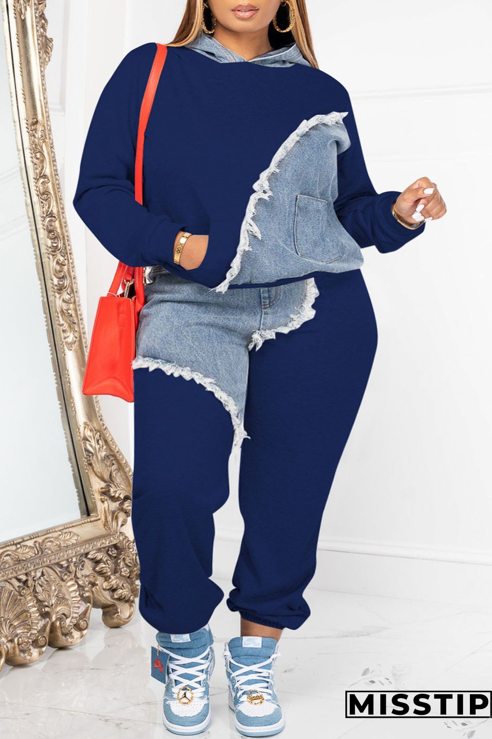 Orange Casual Patchwork Contrast Hooded Collar Plus Size Two Pieces