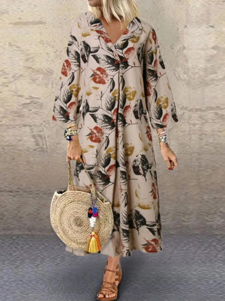 Women's Long Sleeve V-Neck Floral Printed Midi Dress