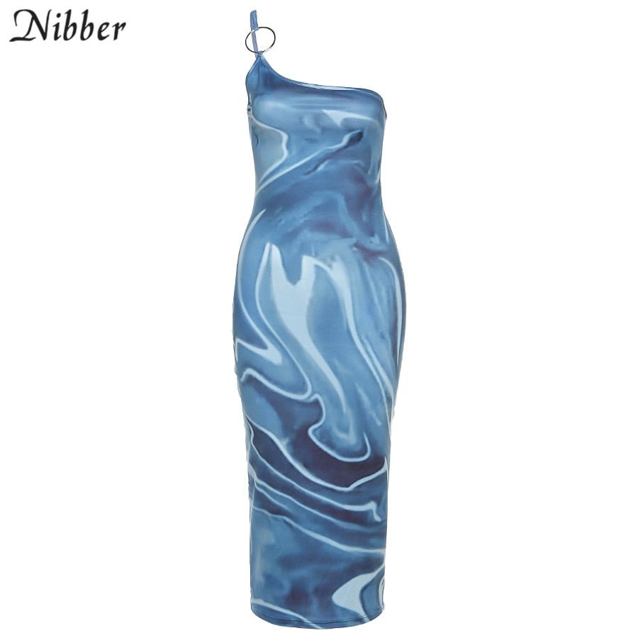 NIBBER Tie Dye Print Sexy One Shoulder Bodycon Midi Dress Women Summer Holiday Sleeveless Backless Dress Outfits Female 2021 Str