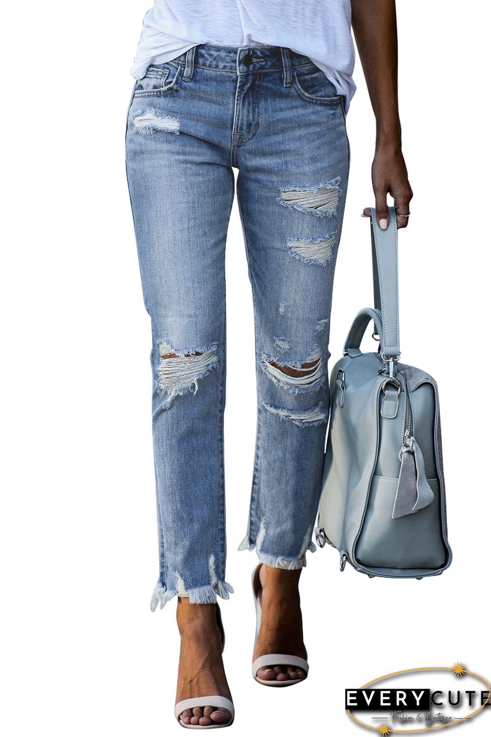 Light Blue Distressed Boyfriend Denim Pants