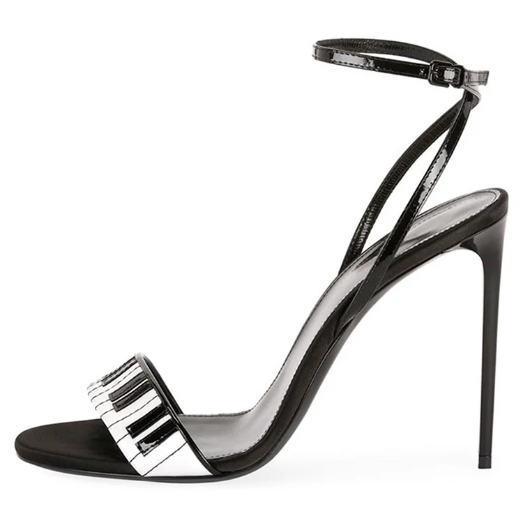 Black Patent Leather Piano Keyboard Designed Stiletto Heels Sandals |FSJ Shoes