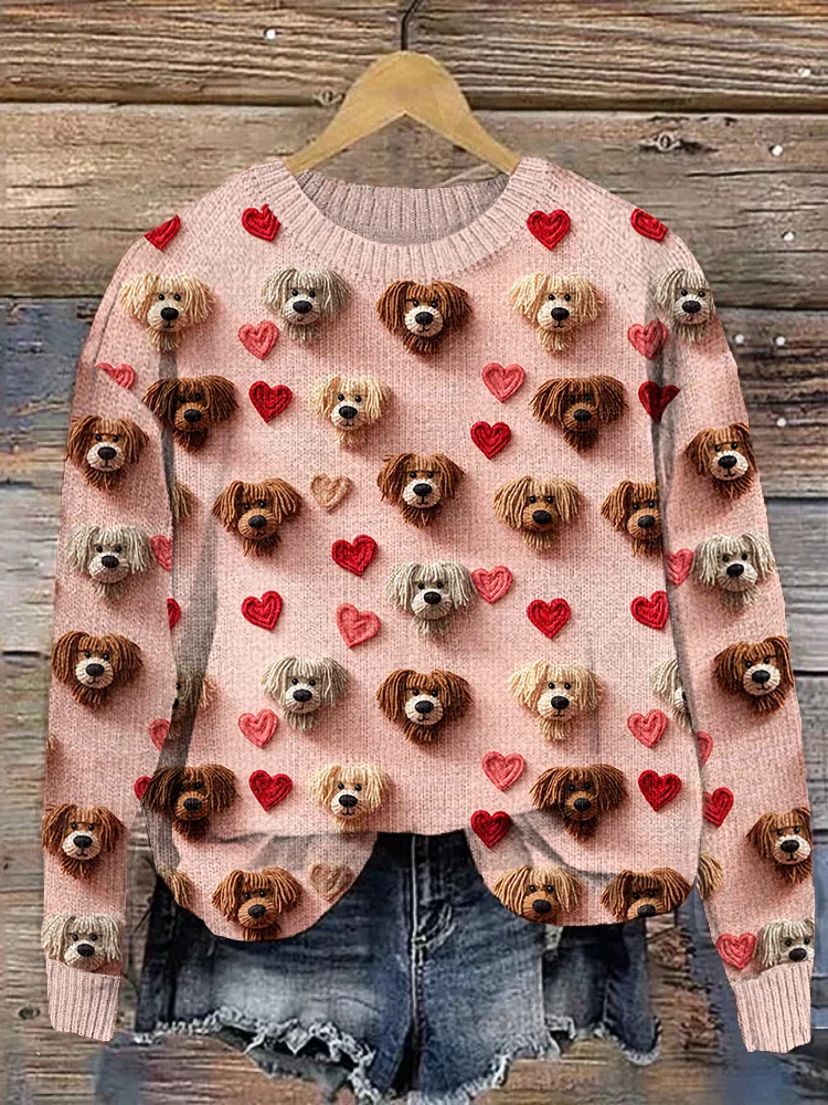 VChics Valentine's Day Hearts & Dogs Casual Cozy Knit Sweater