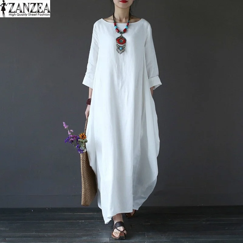 2022 ZANZEA Womens Crewneck 3/4 Sleeve Baggy Maxi Long Casual Party Shirt Dress Kaftan Solid Robe Vestido
