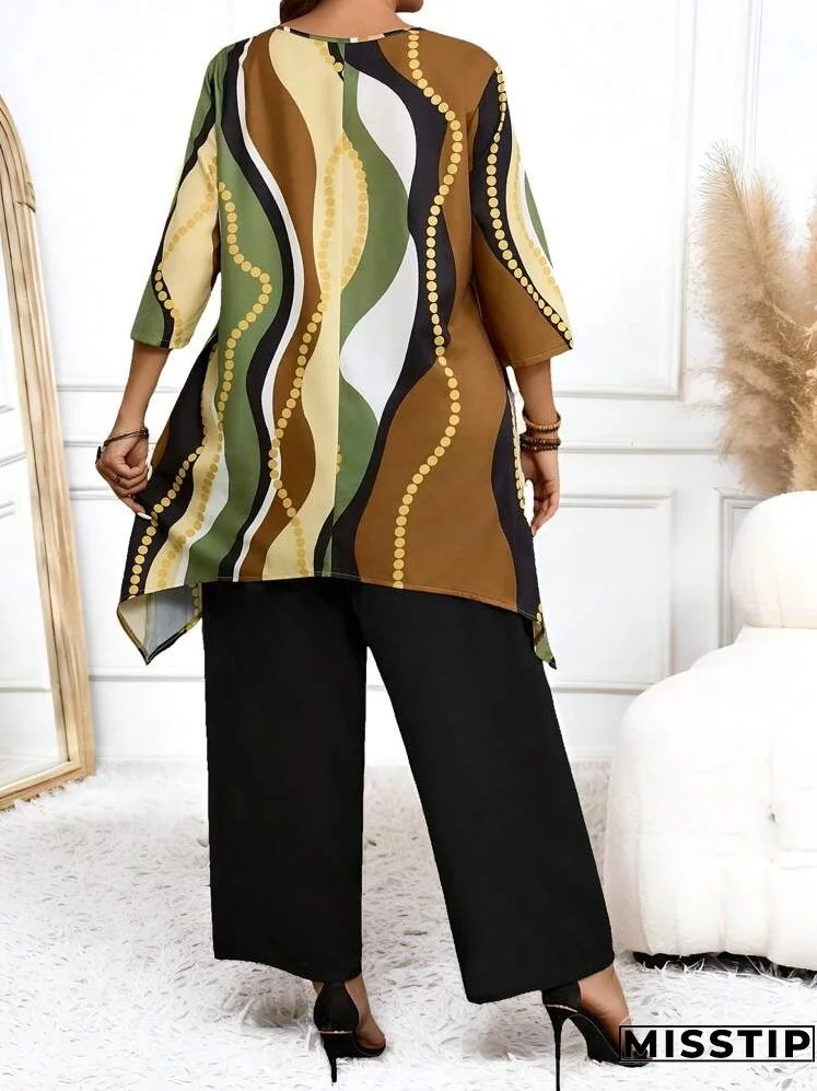 2pcs Plus Size Women Full Print Crew Neck Top With Asymmetric Hem & Solid Color Pants, Casual Set