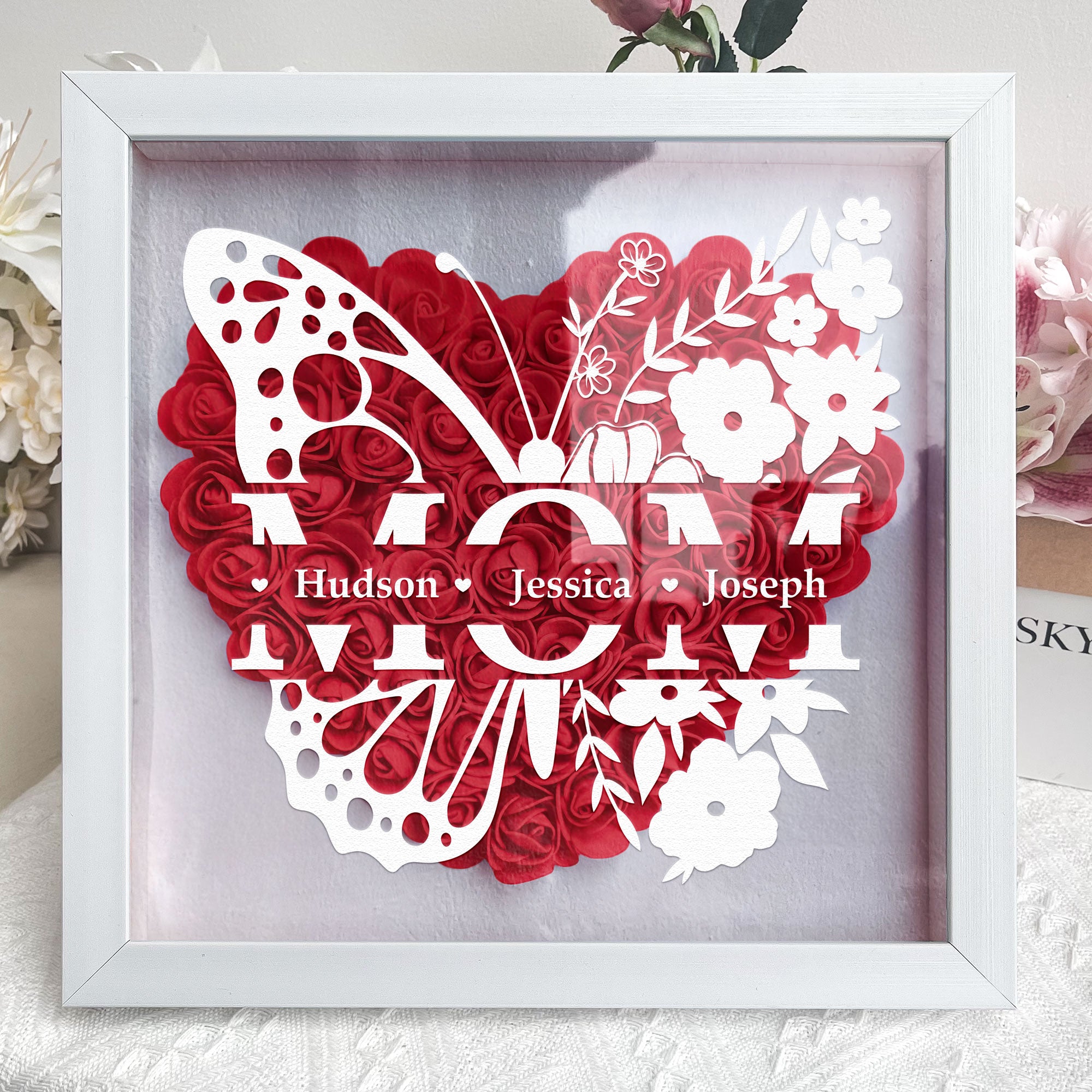 Loveyoufancy Gift For Mom Custom Children Names - Personalized Flower Shadow Box