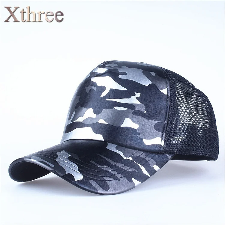 Xthree 5 Panels Summer Baseball Cap Mesh Cap Faux Leather Camouflage Snapback Hat Men Hip Hop Casquettes Hats for Women Bone