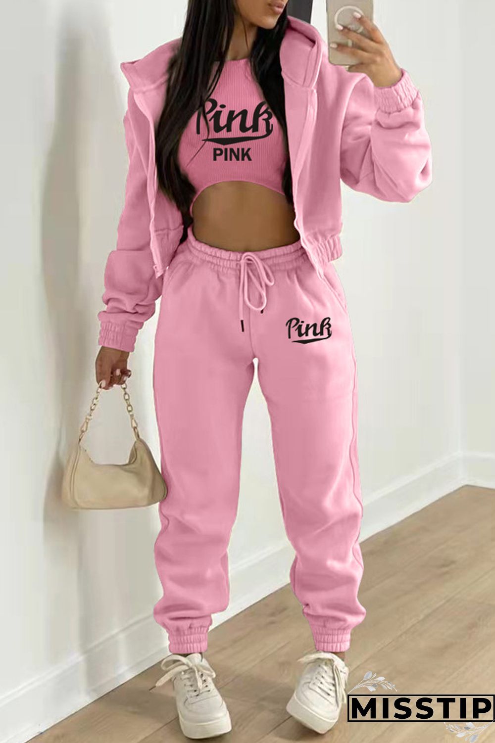 Burgundy Fashion Casual Letter Print Cardigan Vests Pants Hooded Collar Long Sleeve Three-piece Set