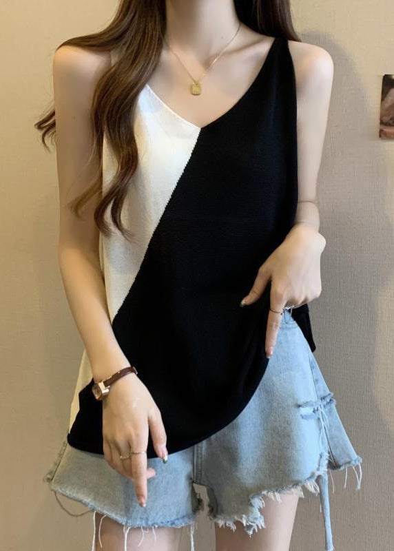 VCSHOES Loose Black V Neck Patchwork Ice Silk Knit Vest Sleeveless
