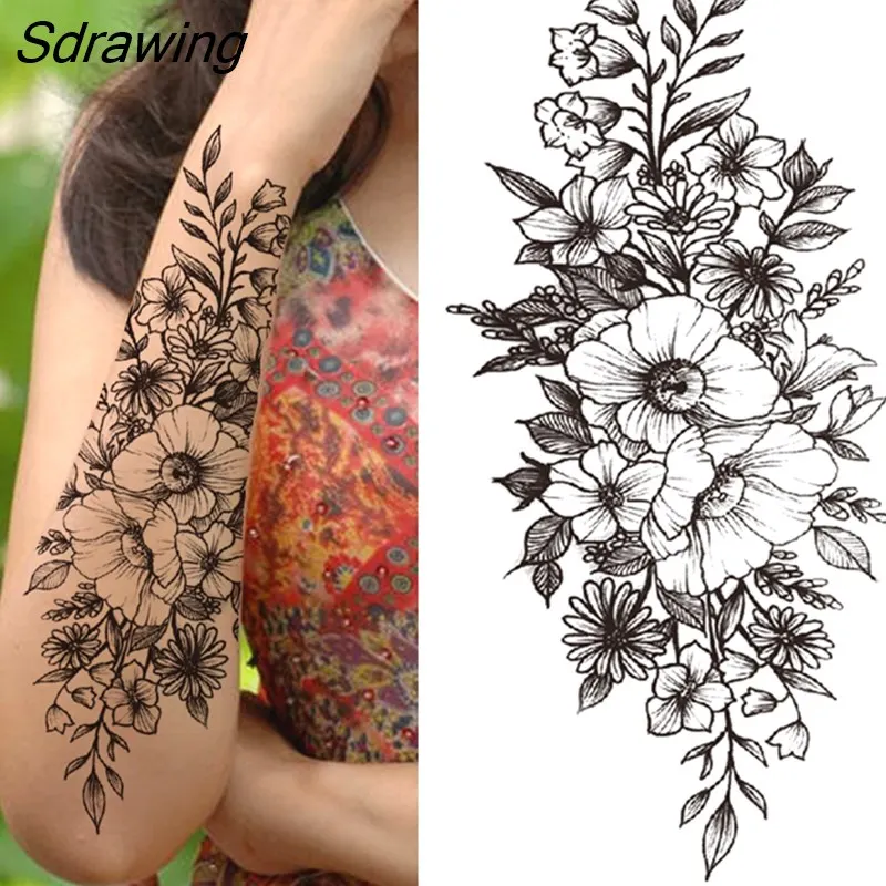 Sdrawing Fake Peony Temporary Tattoos For Women Girl Black Rose Elephant Flower Tattoo Sticker Tiger Anemone Tatoos Half Sleeve 1020-0