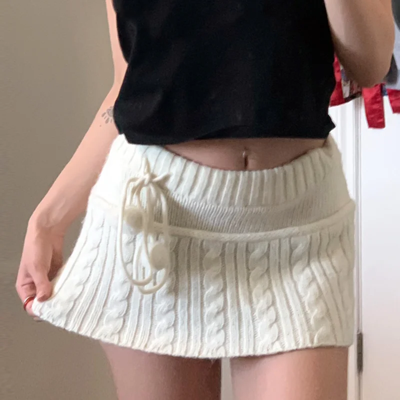 Female Knitting Skirts Goth  Drawstring Elastic High Waist Women Fall Winter Solid Skirt Fashion Streetwear Bottoms