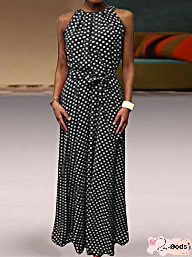 Vintage Polka Dots Printed Statement Plus Size Sleeveless Casual Dresses Black Dresses