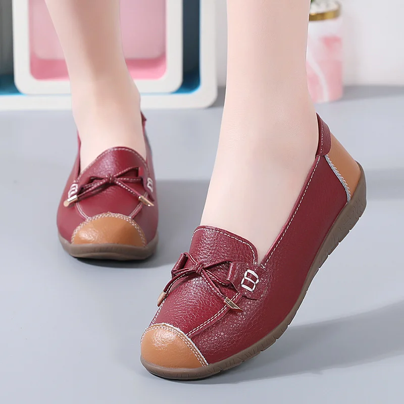 Qengg And Autumn New Women's Shoes Single Shoes Bean Shoes Comfortable Flat Shoes Bow Mother Shoes Flat Slope And Large Women's Shoes