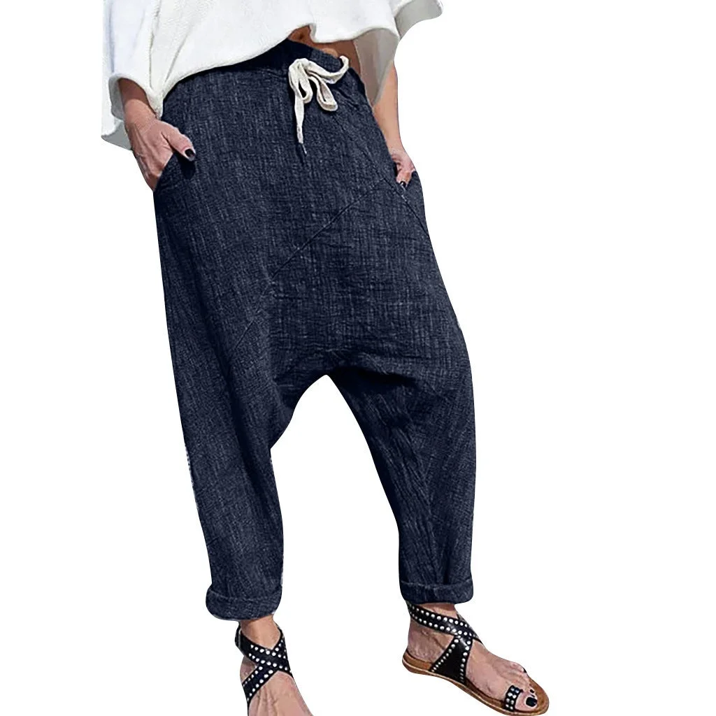 Women's Lace-up Cotton And Linen Wide-leg Elastic Trousers