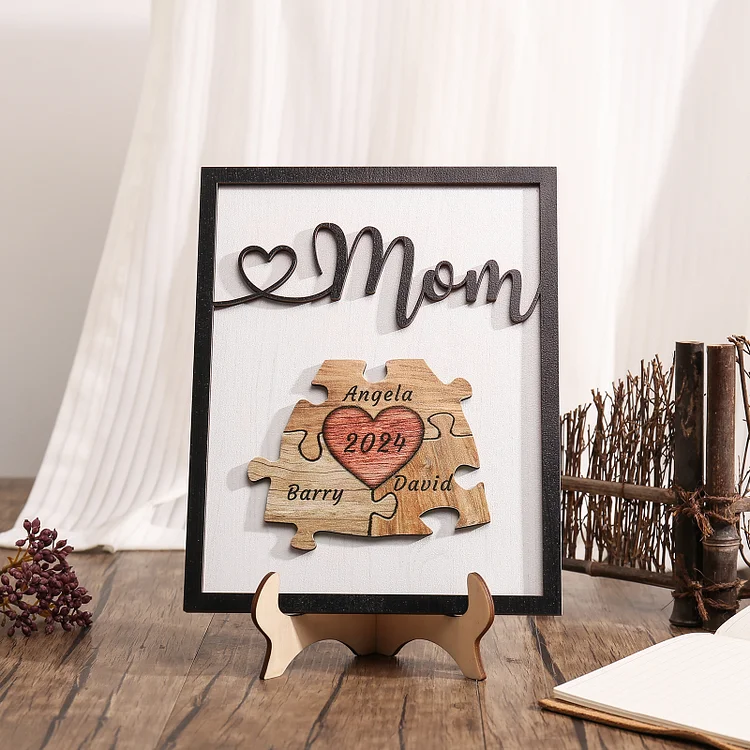 Personalized Puzzle Pieces Wooden Plaque Custom 3 Names & Year Wooden Sign With Stand Mother's Day Gifts for Mom