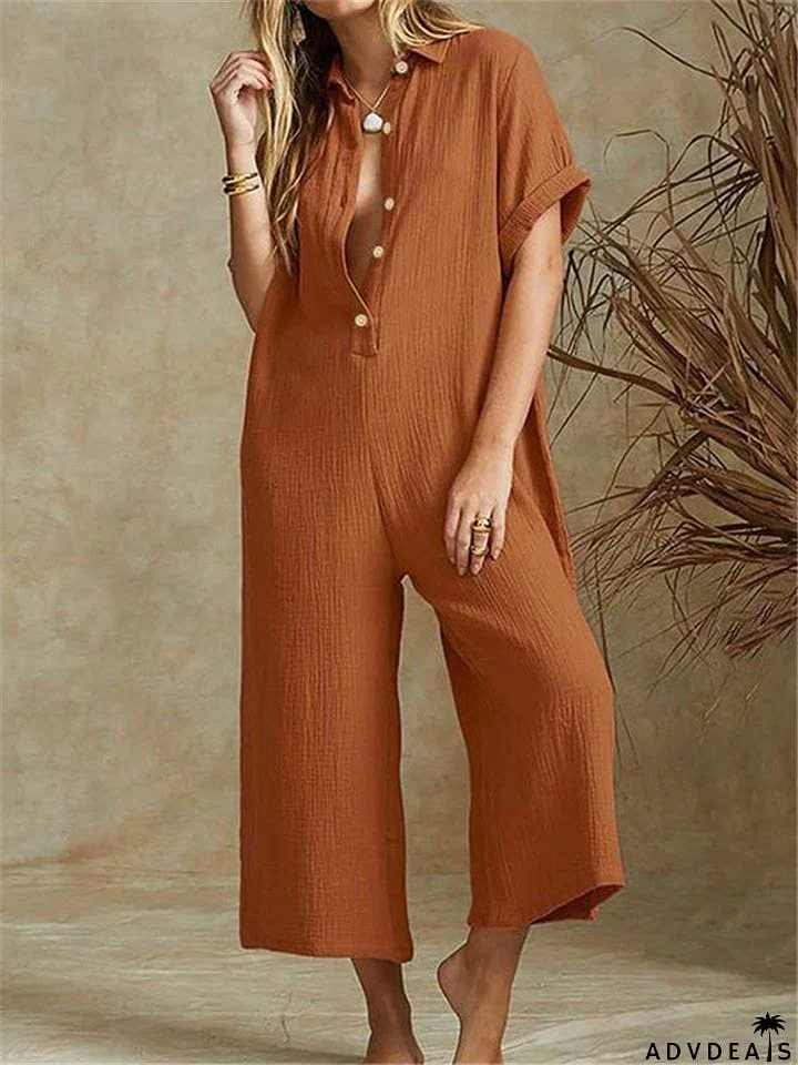 Straight Silhouette Spread Collar Soft Cotton Front Button Cropped Jumpsuit