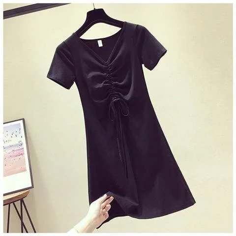 Korean Dress Summer Shirt Dress Women Elegant V Ncek Black Solid color Ladies Clothes Bandage Casual