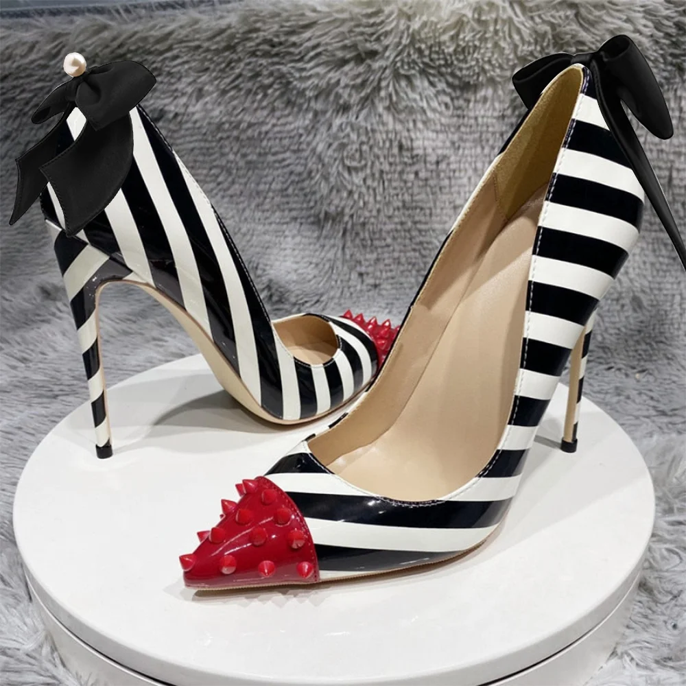 Red Rivet Pointed Toe Striped Patent Leather Pumps With Bow Decor  Nicepairs