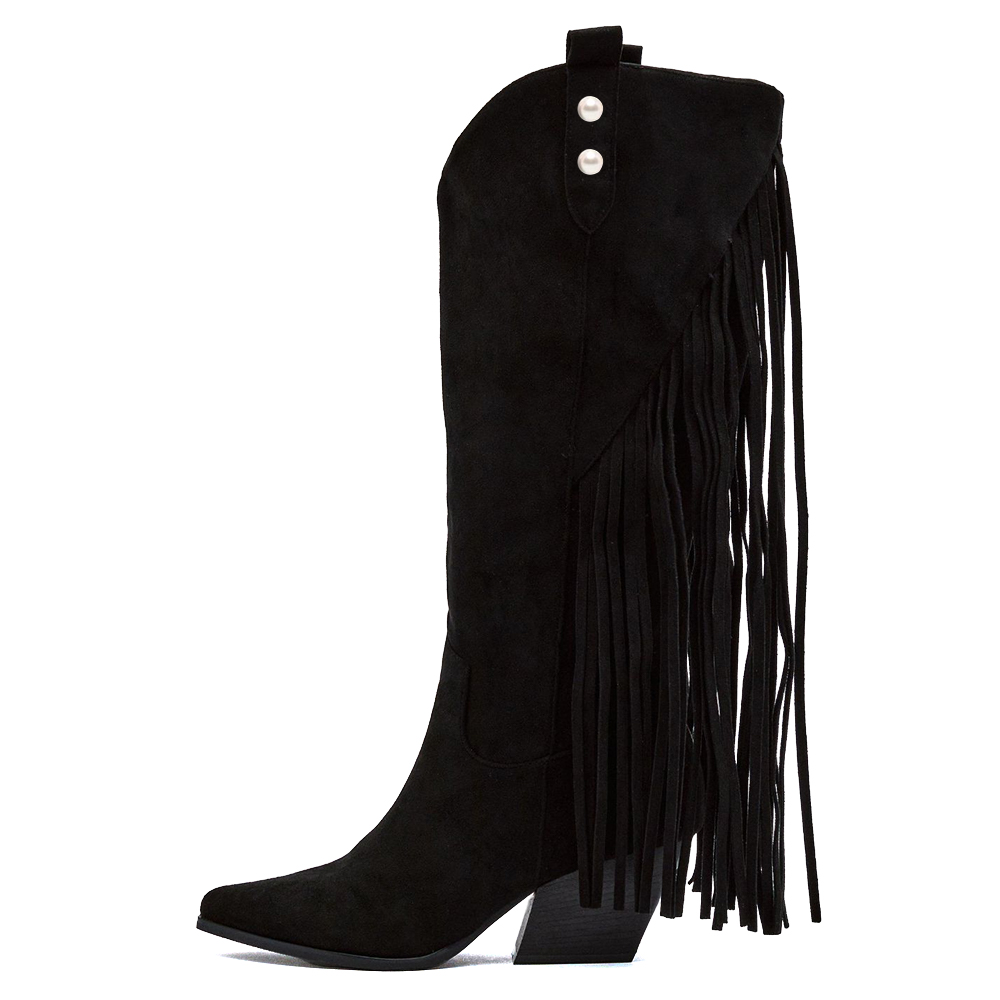 Women's Vegan Suede Pointed Toe Fringe Cowgirl Boots with Pearls Nicepairs