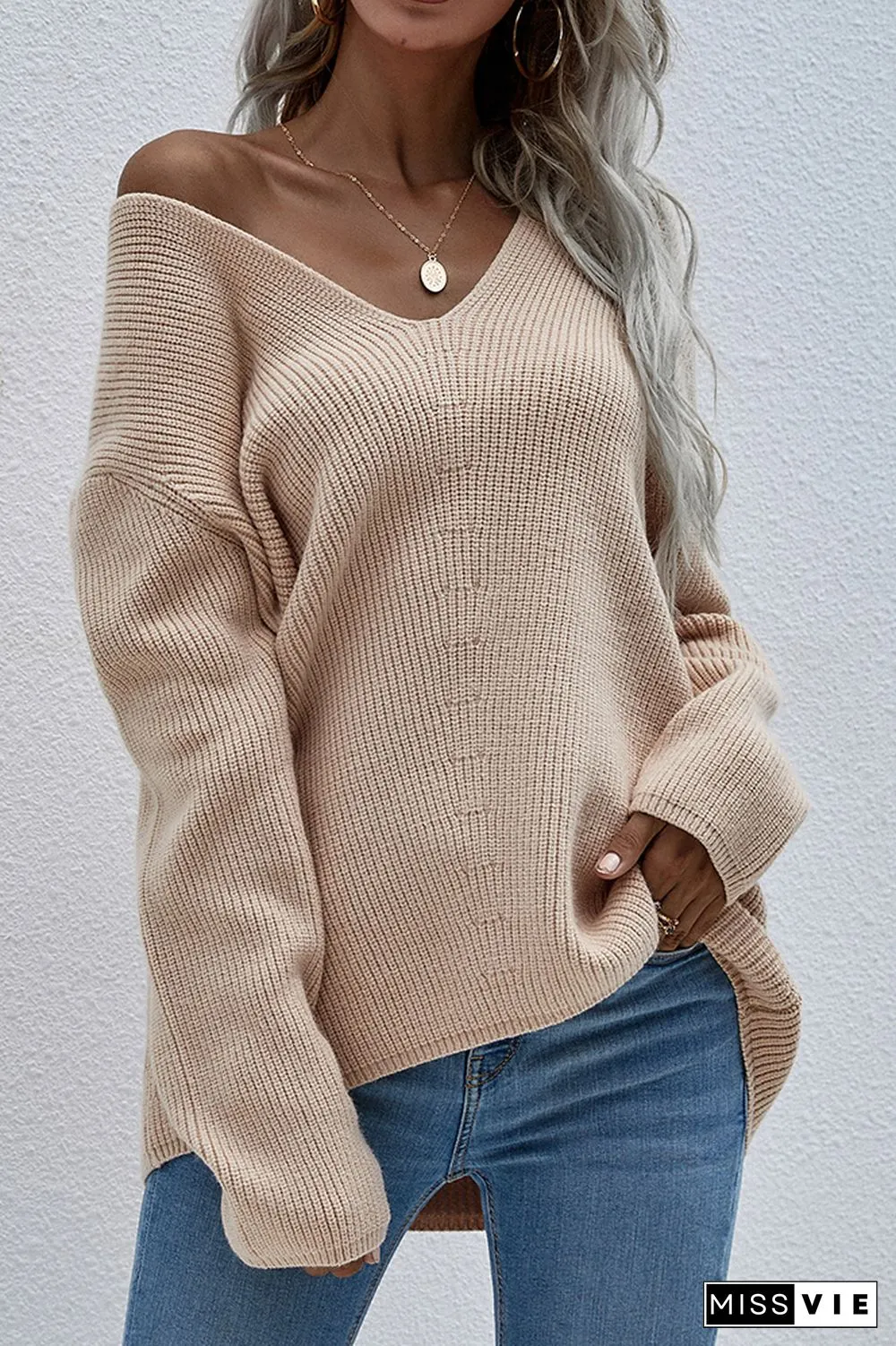 V-neck Long Sleeves Loose Solid Color Pullover Sweater Wholesale