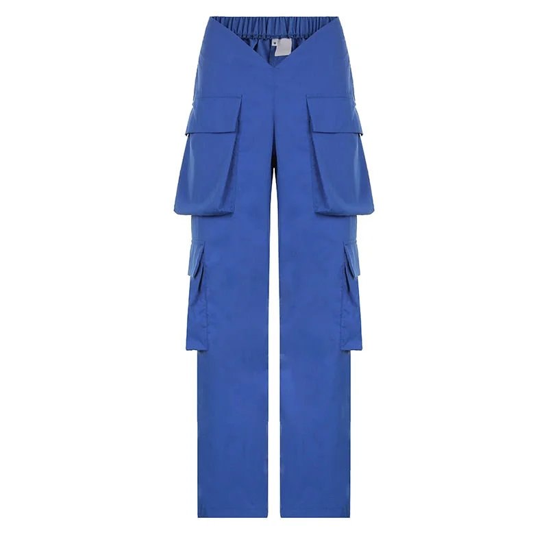 BIIKPIIK High Wasit Solid Pockets V Wasit Loose Cargo Pants Overalls Female Streetwear Lounge Straight Trousers Flat Woven Pant