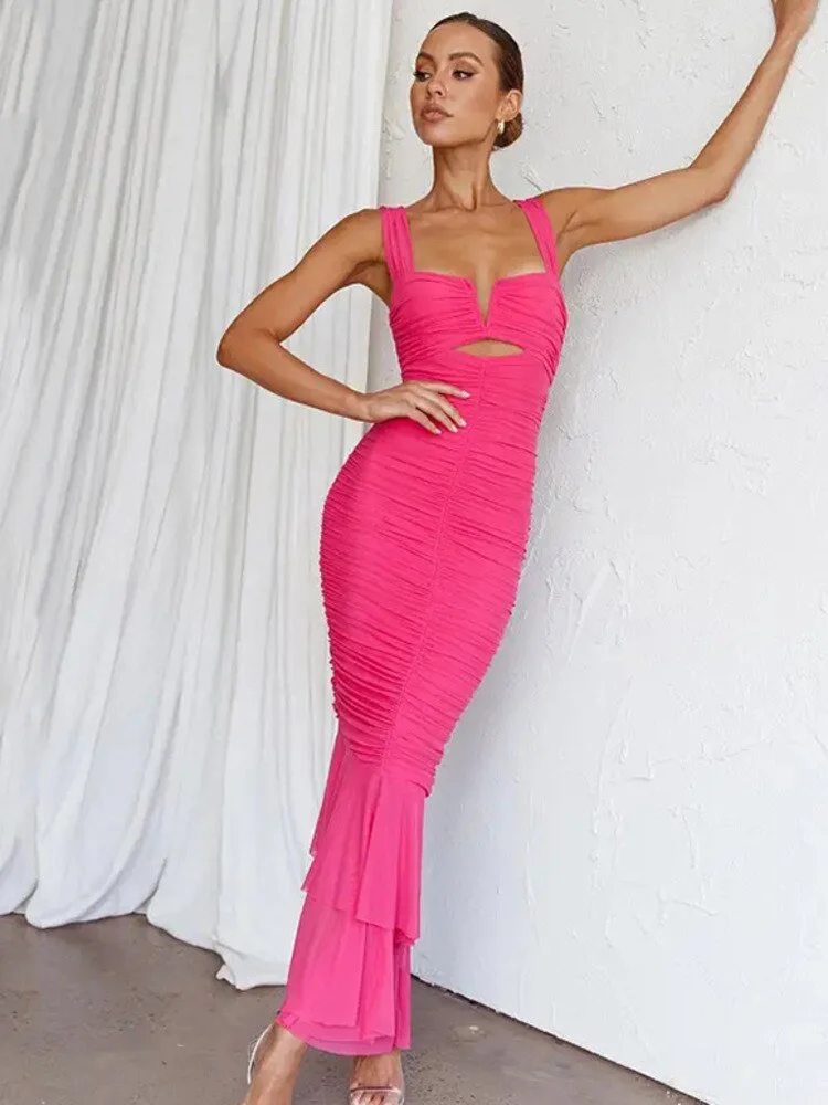 Oocharger Hollow Out Backless Ruched Maxi Dress For Women Mesh Elegant Spaghetti Strap Sleeveless Bodycon Party Long Dress