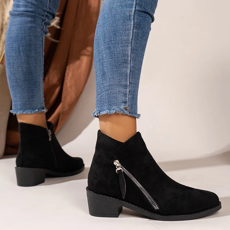 Churchf Churchf Fashion Solid Color Fashion Boots Fall 2023 New Women's Boots Pointed Head Side Zipper Thick Heel Leather Boots