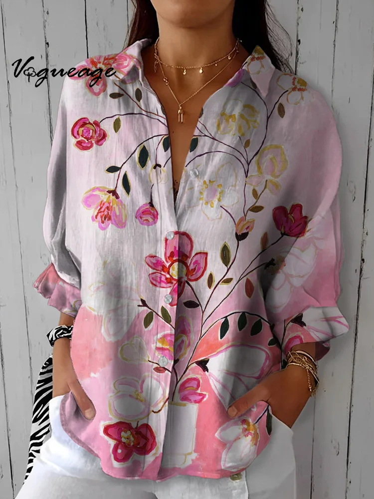 Gentle Simple And Fashionable Flowers Printed Cotton And Linen Shirt
