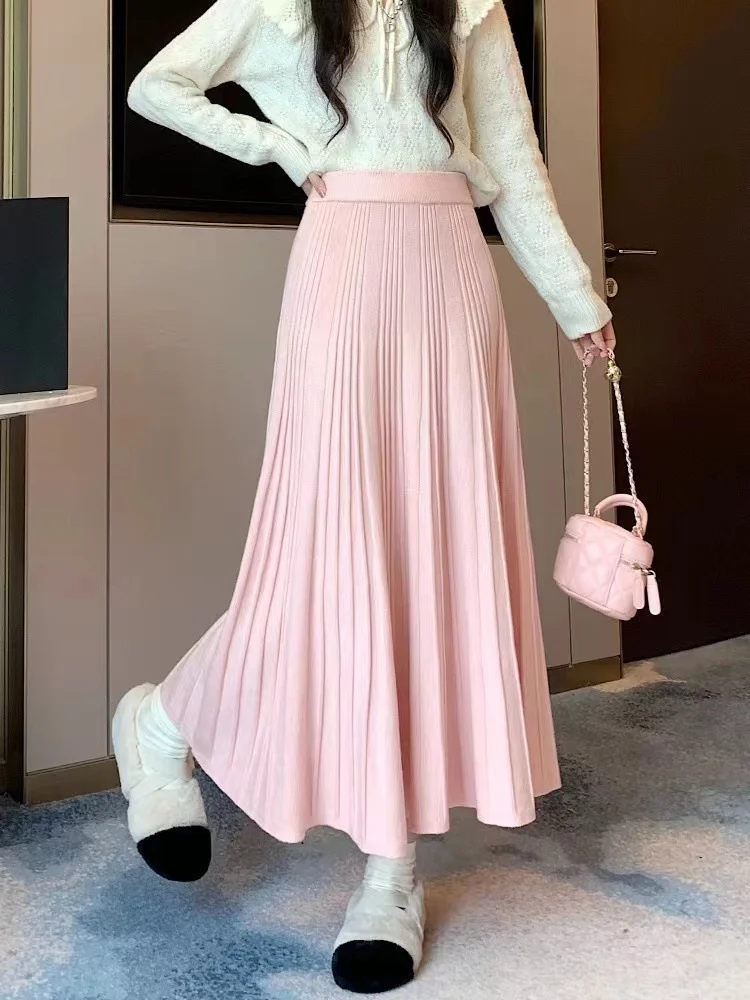 Toloer Toloer And Winter Loose Cover Meat Show Thin White Knit Skirt Female Pleated Skirt Lazy Casual Long Skirt Big Skirt-Outfit Ideas