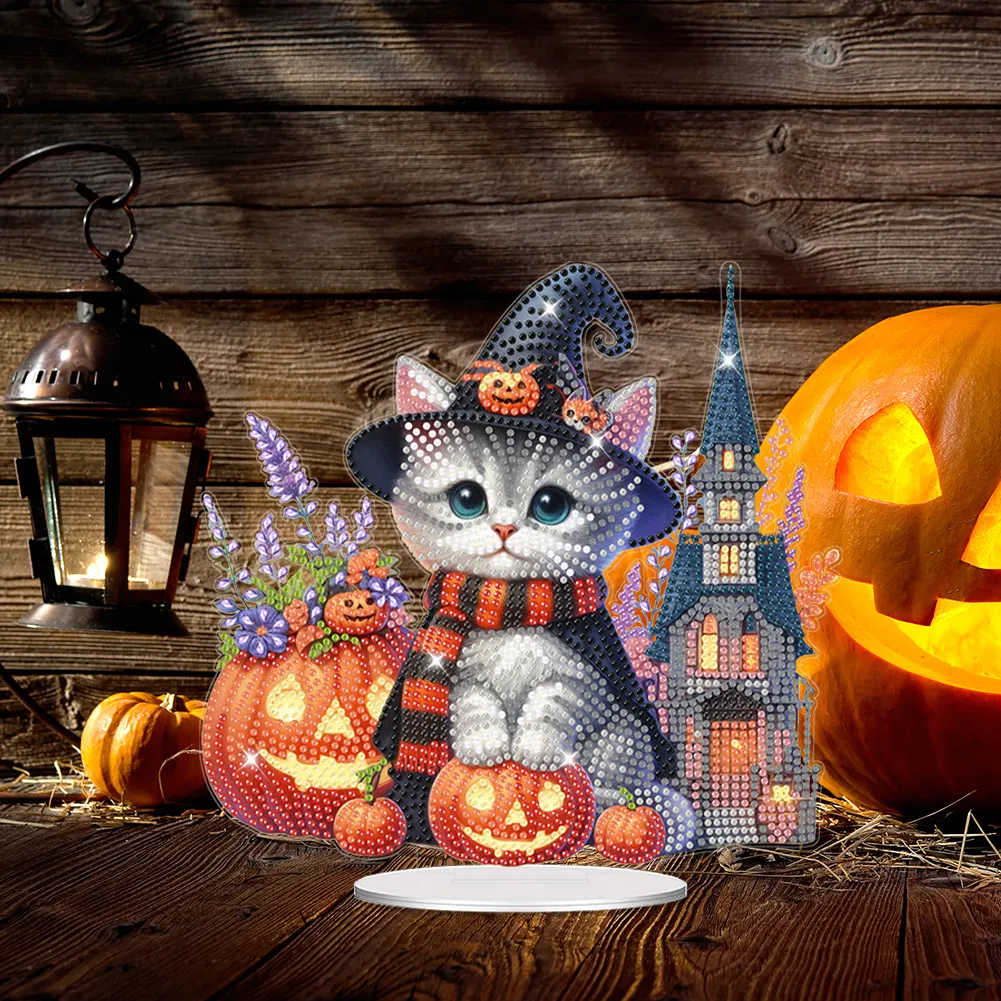 DIY Halloween Cat Acrylic Diamond Painting Desktop Decorations for Home Office Decor