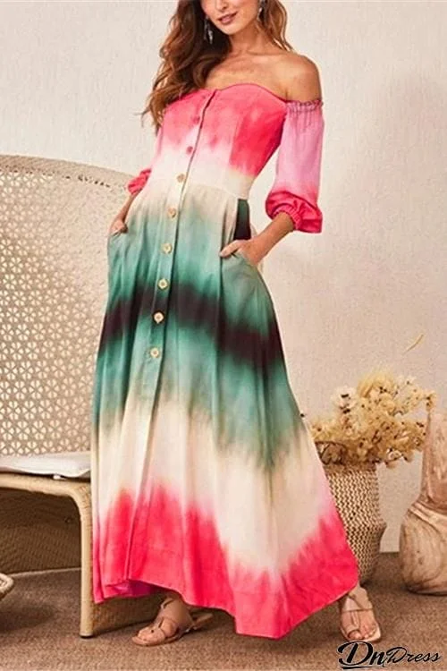 Button Off Shoulder Pockets Maxi Dress