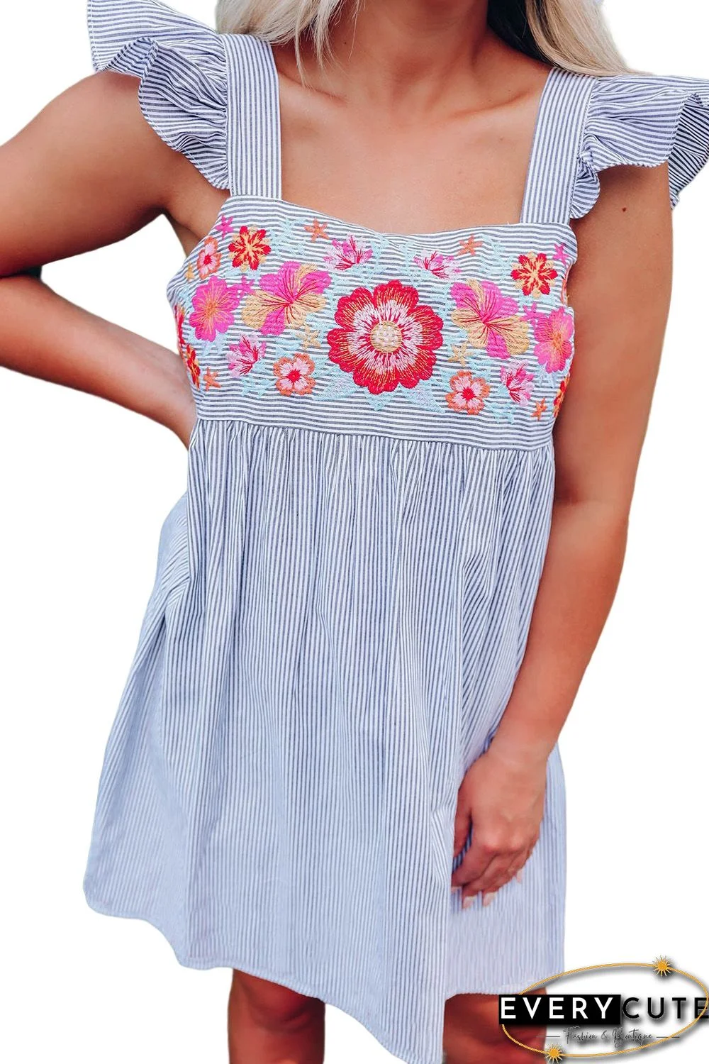 Sky Blue Floral Embroidered Striped Ruffled Sleeveless Mini Dress