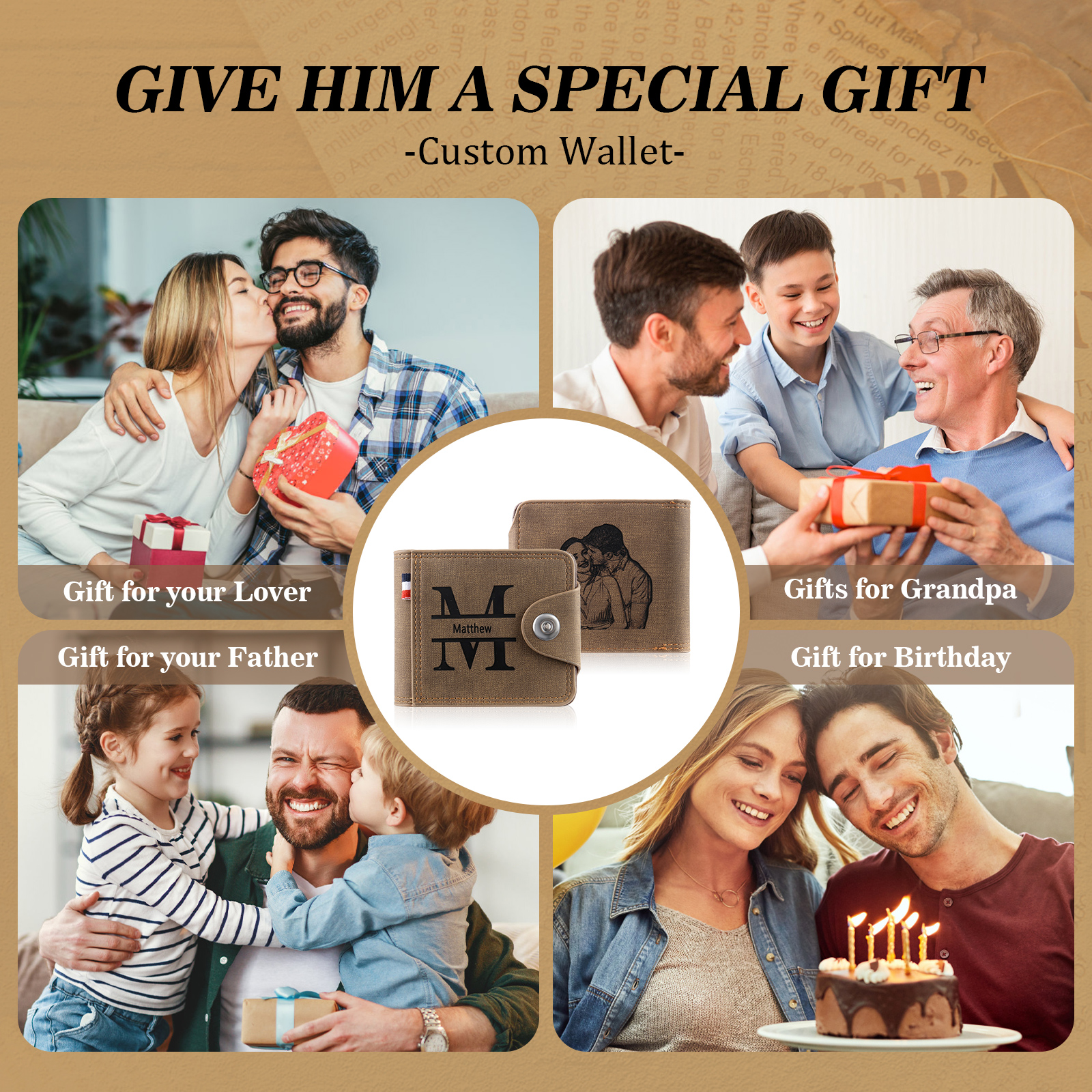 Portefeuille Classique 1 Prénom et Lettre Personnalisés avec Photo Porte-Monnaie Carte