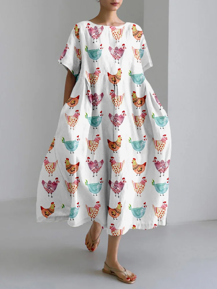 Colorful Chickens Pattern Linen Blend Cozy Maxi Dress