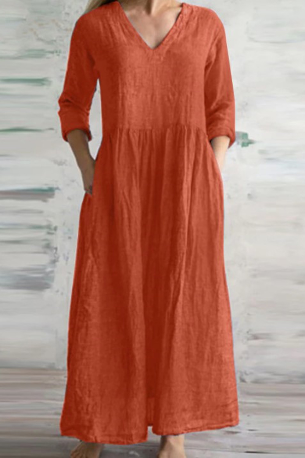 Plus Size Casual Orange Cotton And Linen Long Sleeve Pocket Maxi Dress 2024 - Flycurvy 