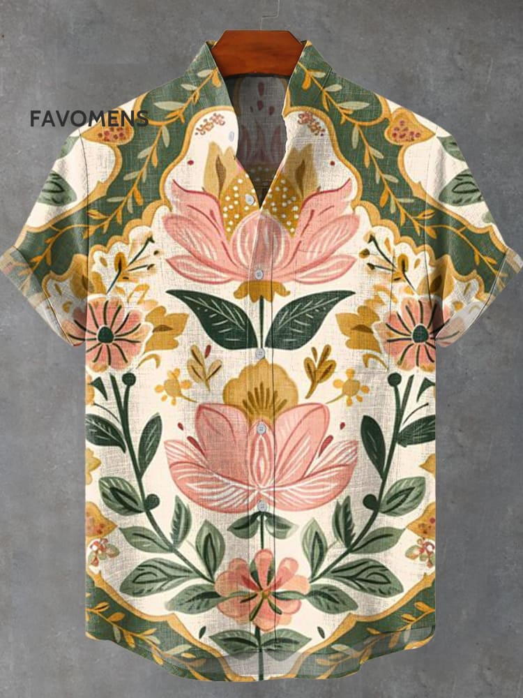 Vintage Lotus Symmetrical Graphic Print Casual 100% Cotton Shirt Multicolor / S