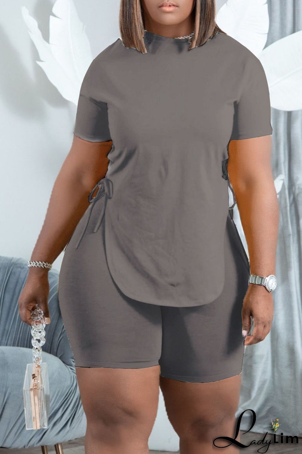 Burgundy Casual Solid Split Joint Frenulum Asymmetrical O Neck Short Sleeve Two Pieces