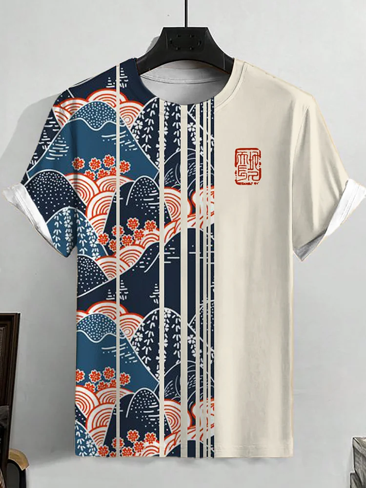 Men's Floral Mountain Pattern Art Print Vintage T-Shirt