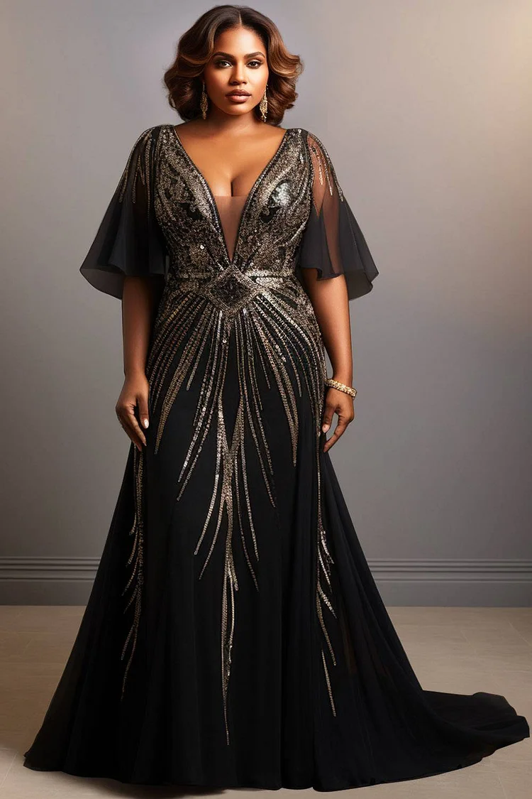 Xpluswear Design Plus Size Mother Of The Bride Black Graphic V Neck Short Sleeve Sequin Elegant Maxi Dresses [Pre-Order] 2024 - Xpluswear