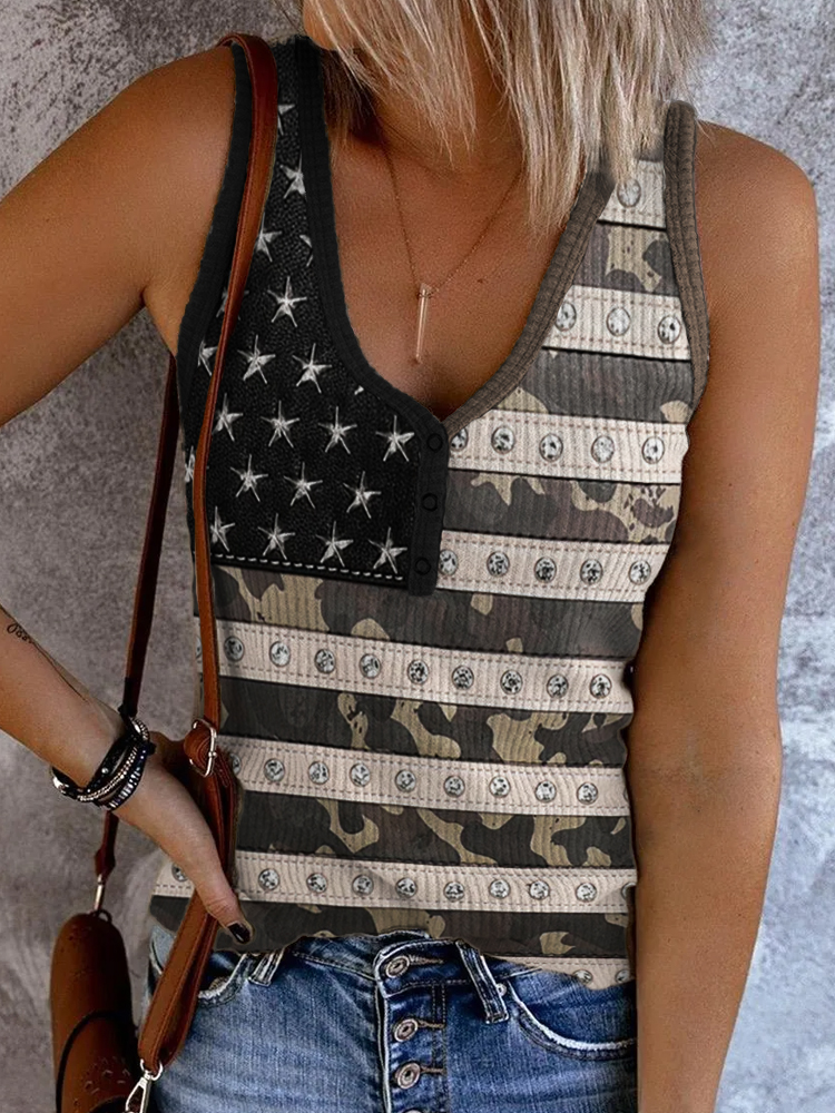 Comstylish American Flag Studded Leather Patchwork Tank Top